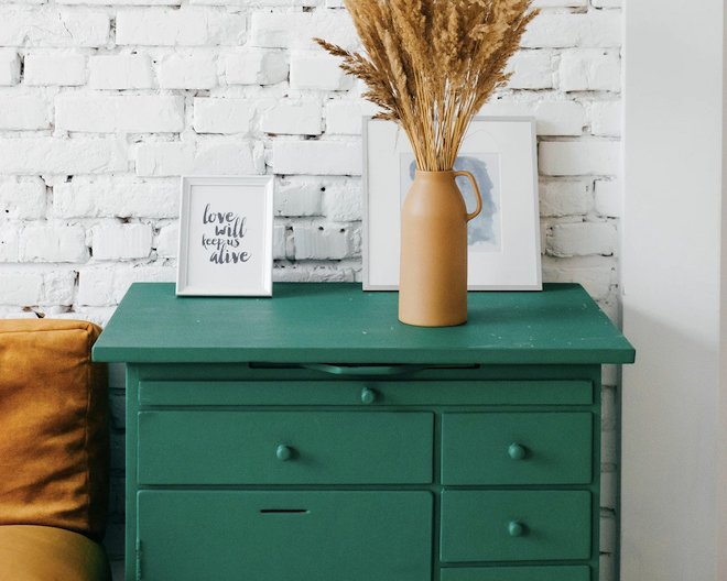 green drawer with brown plant on it